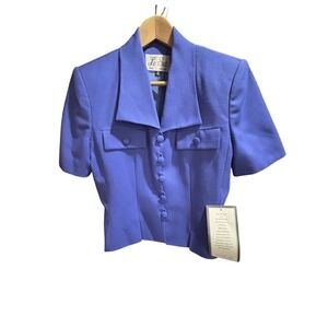 Le Suit Paris New York Blazer Top Cropped Short‎ Sleeve Blue Button Front Sz 6